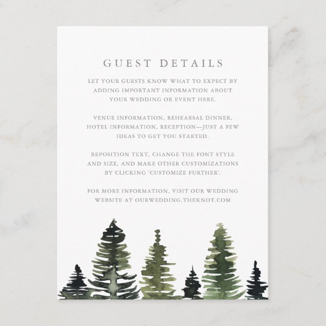 Rustic Watercolor Pine Trees Wedding Guest Details Enclosure Card (Front)