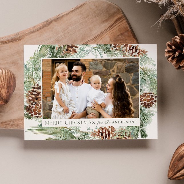 Rustic Watercolor Pinecone Wreath Photo Holiday Card (Creator Uploaded)