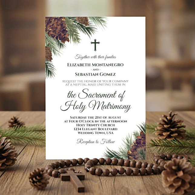 Rustic Watercolor Pinecones Catholic Wedding Invitation (Creator Uploaded)