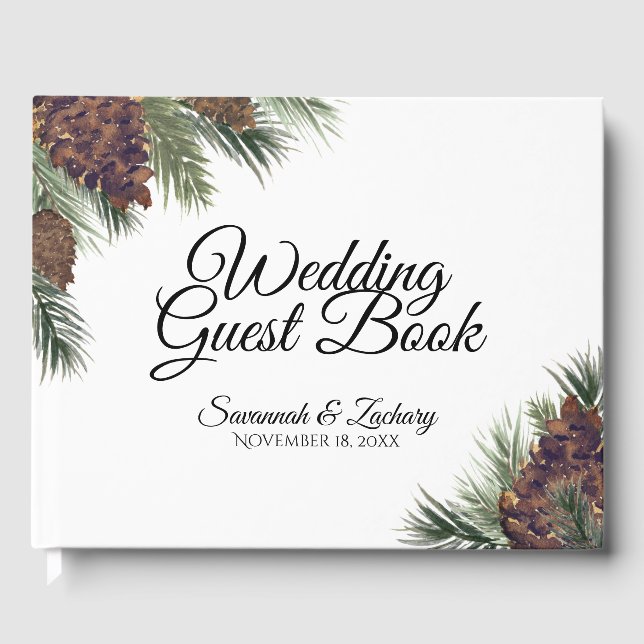 Rustic Watercolor Pinecones & Pine Boughs Wedding Guest Book (Front)