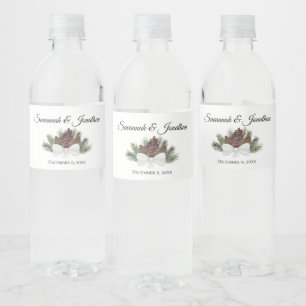 Rustic Watercolor Pinecones & Pine Boughs Wedding Water Bottle Label