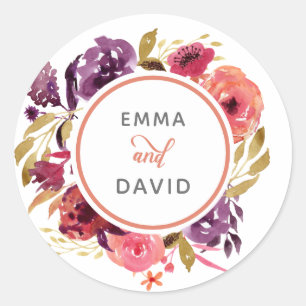 Rustic Watercolor Pink and Purple Floral Wedding Classic Round Sticker
