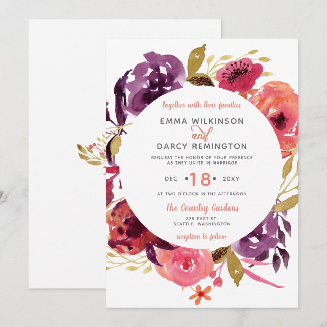 Rustic Watercolor Pink and Purple Floral Wedding Invitation (Front/Back)