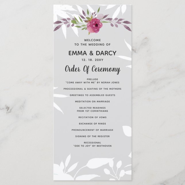 Rustic Watercolor Pink Floral Wedding Program (Front)