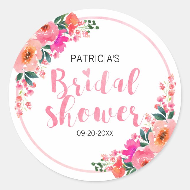 Rustic Watercolor Pink Flowers Bridal Shower Classic Round Sticker (Front)