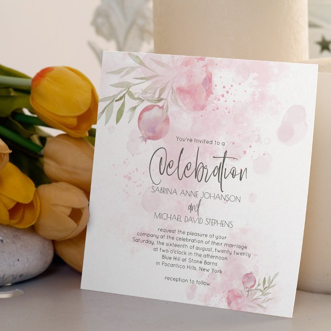 Rustic Watercolor Pink Rose and Rosehip Wedding Invitation (Creator Uploaded)