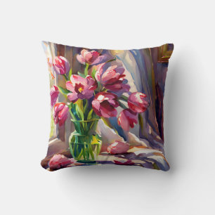 Rustic Watercolor Pink Tulips in Vase Cushion