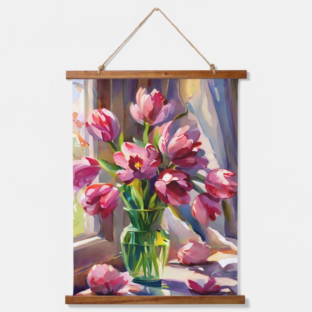 Rustic Watercolor Pink Tulips in Vase Hanging Tapestry (Front)