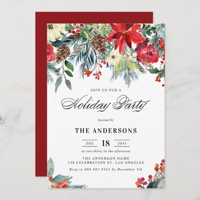 Rustic Watercolor Poinsettia Garland Holiday Party Invitation (Front/Back)