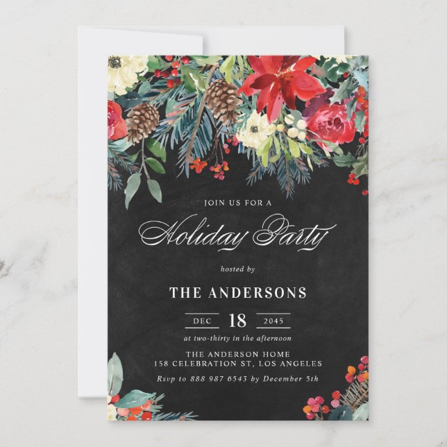 Rustic Watercolor Poinsettia Garland Holiday Party Invitation (Front)