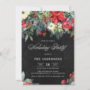 Rustic Watercolor Poinsettia Garland Holiday Party Invitation