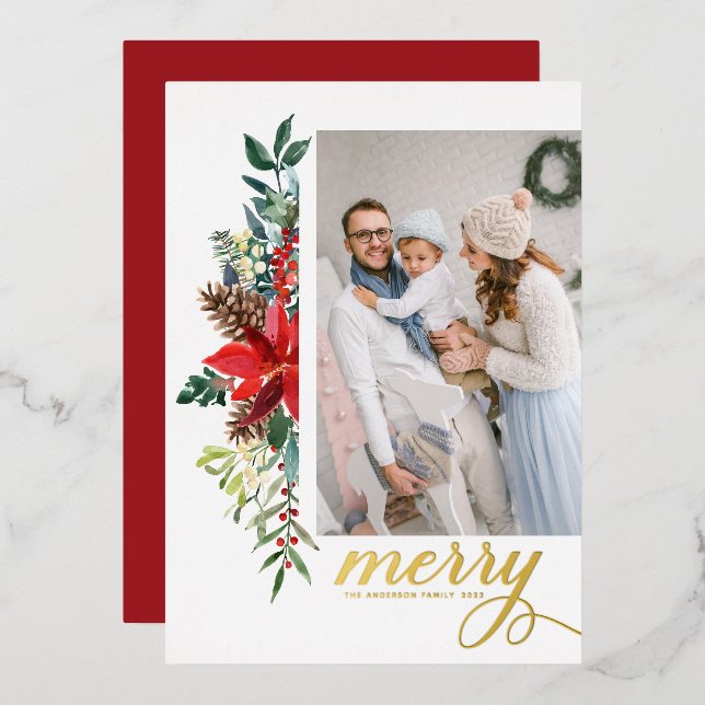 Rustic Watercolor Poinsettia Merry Christmas Photo Foil Holiday Card (Front/Back)
