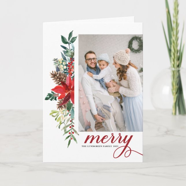 Rustic Watercolor Poinsettia Merry Christmas Photo Holiday Card (Front)