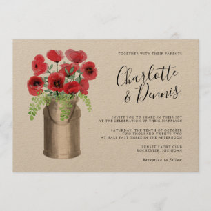 Rustic watercolor poppies kraft horizontal wedding invitation