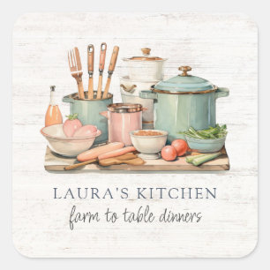Rustic Watercolor Pots Pans Food Kitchenware Square Sticker