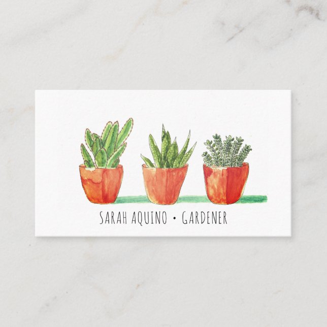 Rustic Watercolor Potted Plants Gardener Business  Business Card (Front)