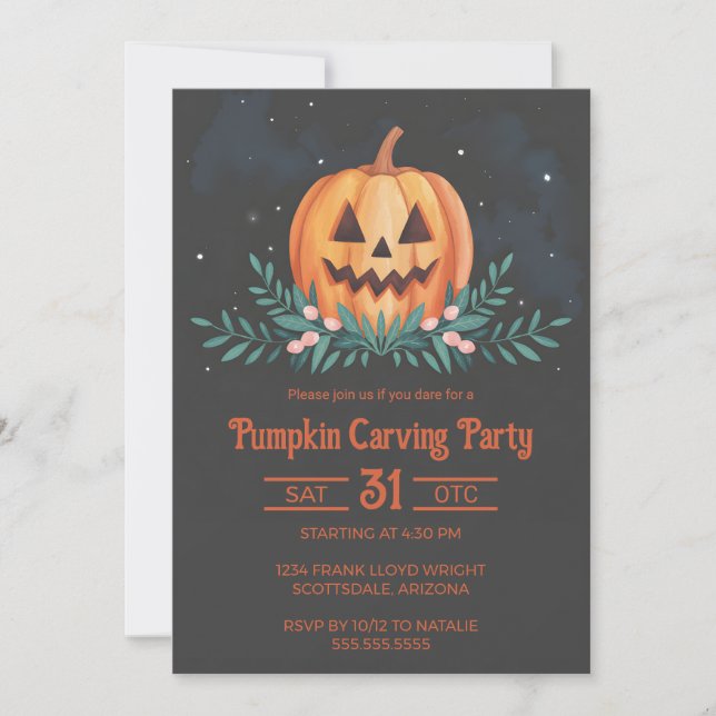 Rustic Watercolor Pumpkin Carving Party Halloween Invitation (Front)