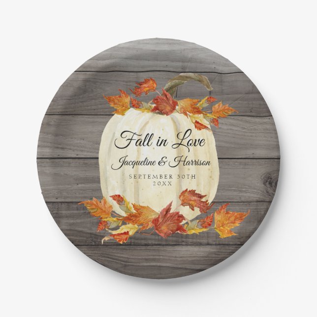 Rustic Watercolor Pumpkin Fall Leaves Dark Wood Paper Plate (Front)
