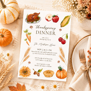 Rustic Watercolor Pumpkin Pie Turkey Thanksgiving Invitation