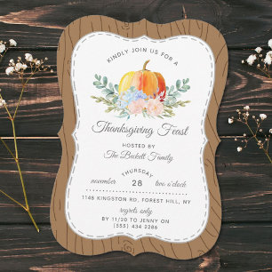 Rustic Watercolor Pumpkin Thanksgiving Dinner Invitation