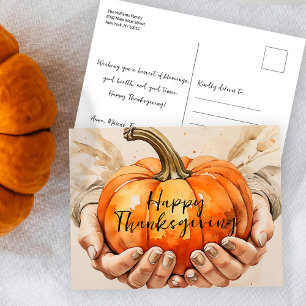 Rustic Watercolor Pumpkin Thanksgiving Greeting Postcard