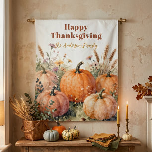 Rustic Watercolor Pumpkin Wildflower Thanksgiving Tapestry