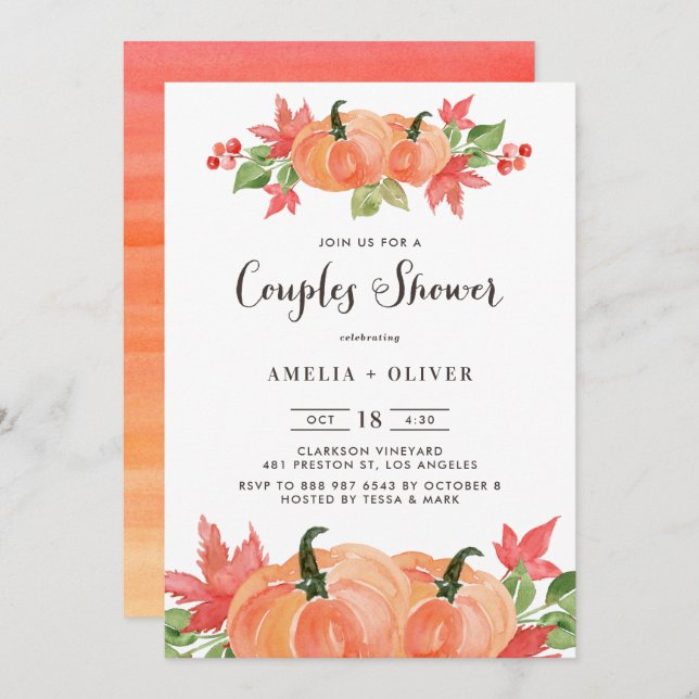 Rustic Watercolor Pumpkins Autumn Couples Shower Invitation (Front/Back)