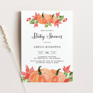 Rustic Watercolor Pumpkins Fall Baby Shower Invitation