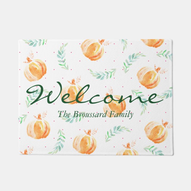 Rustic Watercolor Pumpkins & Laurels Family Name Doormat (Front)