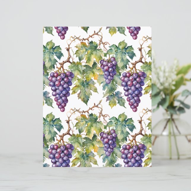 Rustic Watercolor Purple Grapes and Vineyard Paper (Standing Front)