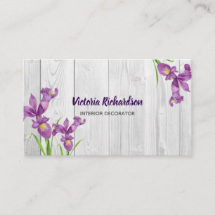 Rustic Watercolor Purple Irises Floral Design Business Card