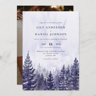 Rustic Watercolor Purple Pine Forest Photo Wedding Invitation