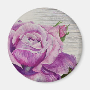 Rustic Watercolor Purple Rose Wood Magnet