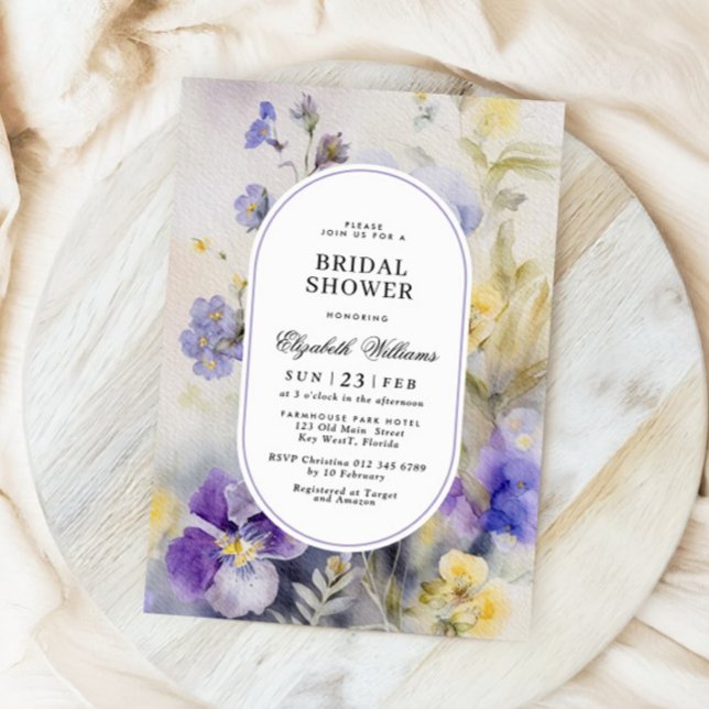 Rustic Watercolor Purple & Yellow Bridal Shower Invitation (Creator Uploaded)