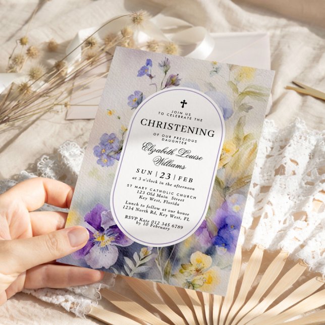 Rustic Watercolor Purple & Yellow Christening Invitation (Creator Uploaded)
