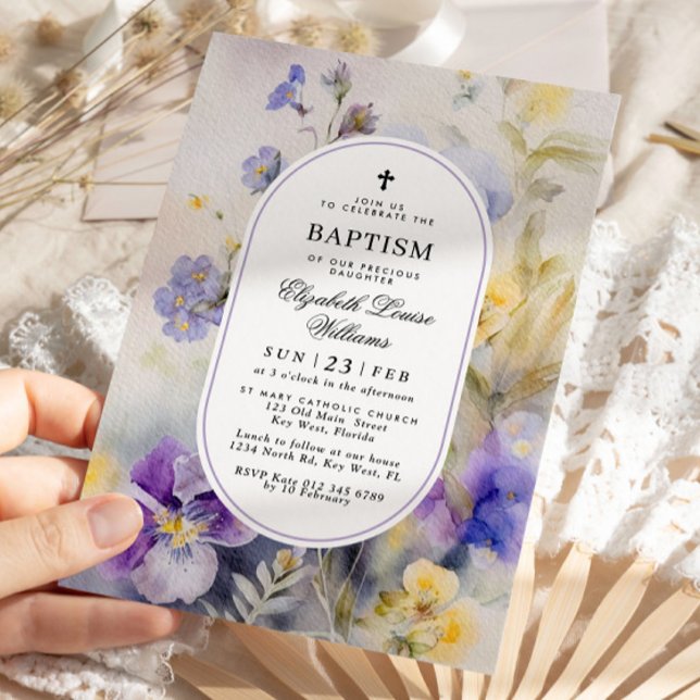 Rustic Watercolor Purple & Yellow Flowers Baptism Invitation (Creator Uploaded)