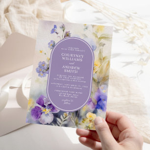 Rustic Watercolor Purple & Yellow Flowers Wedding Invitation