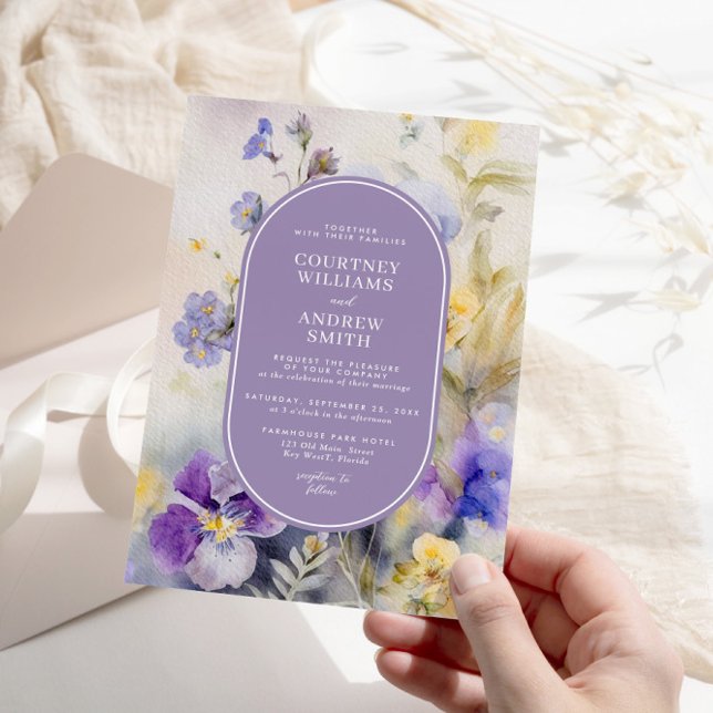 Rustic Watercolor Purple & Yellow Flowers Wedding Invitation (Creator Uploaded)