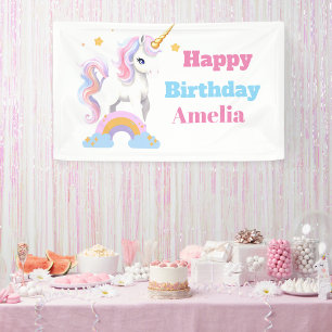 Rustic Watercolor Rainbow Unicorn Happy Birthday  Banner