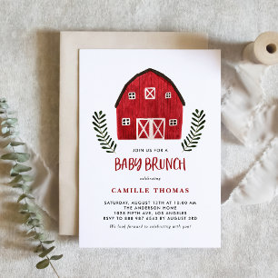 Rustic Watercolor Red Barn Baby Brunch QR Code Invitation