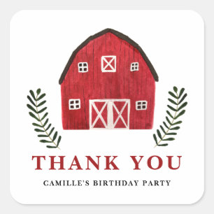 Rustic Watercolor Red Barn Birthday Thank You Square Sticker