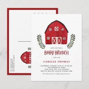 Rustic Watercolor Red Barn Farmhouse Baby Brunch Invitation Postcard