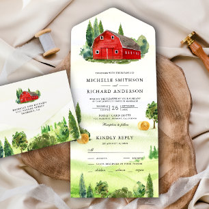 Rustic Watercolor Red Barn Rural Farm Wedding All In One Invitation