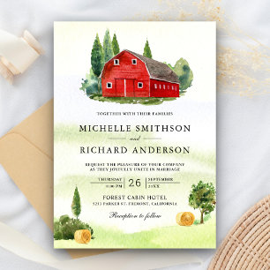 Rustic Watercolor Red Barn Rural Farm Wedding Invitation