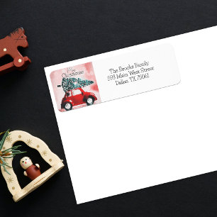 Rustic Watercolor Red Car Christmas Return Address Label