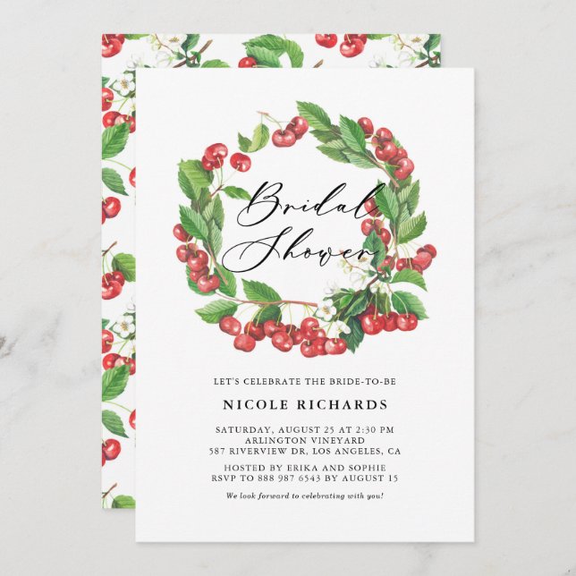 Rustic Watercolor Red Cherry Wreath Bridal Shower Invitation (Front/Back)