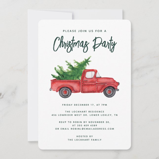 Rustic Watercolor Red Truck Christmas Holiday Invitation (Front)