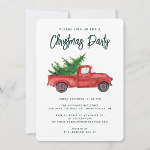 Rustic Watercolor Red Truck Christmas Holiday Invitation