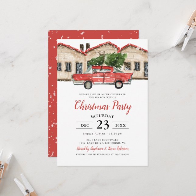 Rustic Watercolor Red Truck House Christmas Party Invitation (Front/Back In Situ)