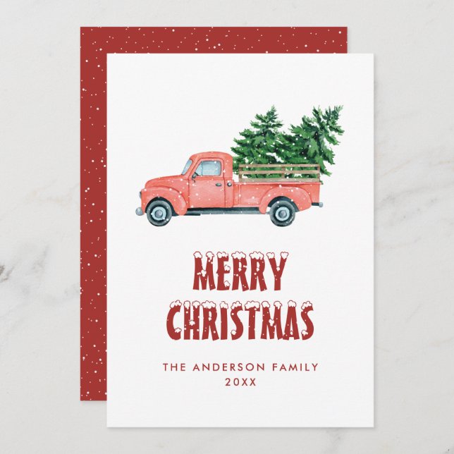 Rustic Watercolor Red Truck Merry Christmas Card (Front/Back)